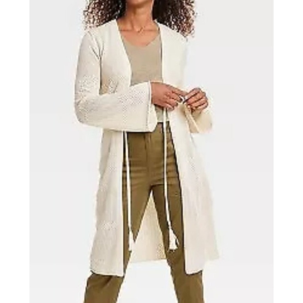 Knox Rose Women Pointelle Duster Cardigan Cream Ivory Boho Bell Sleeve Medium